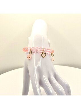 Pink Beaded Bracelet With Star & Heart Charms Gold Accents Stretch Design For Wo